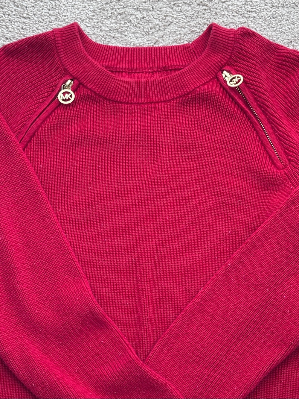 Michael Kors Magenta Crewneck Sweater with Gold MK Zipper Accents